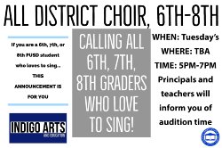 All District Choir practice Tuesdays @ 5pm, location Lincoln Elementary